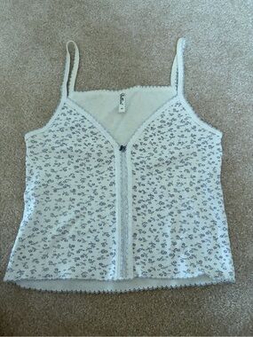 Pretties Venice Delicate Floral Lace-Trim Cami Tank - White with Navy Floral